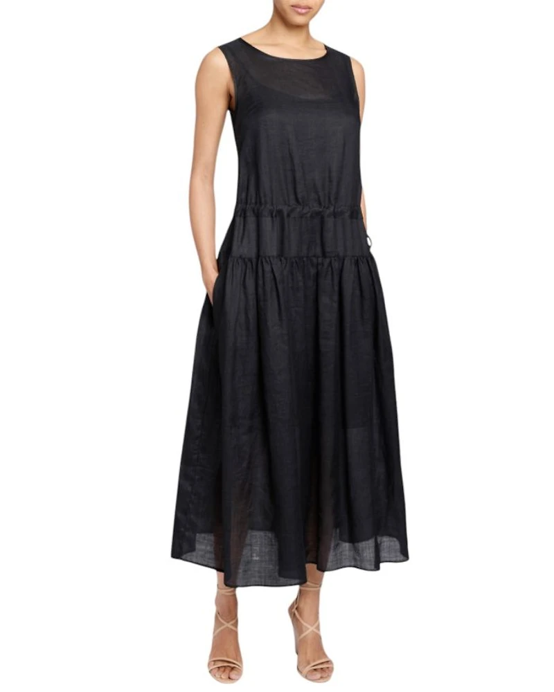 MISTY Sleeveless Midi Dress with Full Skirt and Detachable Slip, Side Pockets Lightweight Ramie