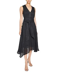NIA Sleeveless Midi Dress with Asymmetric Hemline and Button Details Metallic Striped Linen