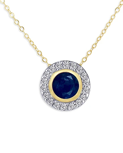 Moon & Meadow 14K Yellow Gold Sapphire & Diamond Halo Stud Pendant Necklace, 18
