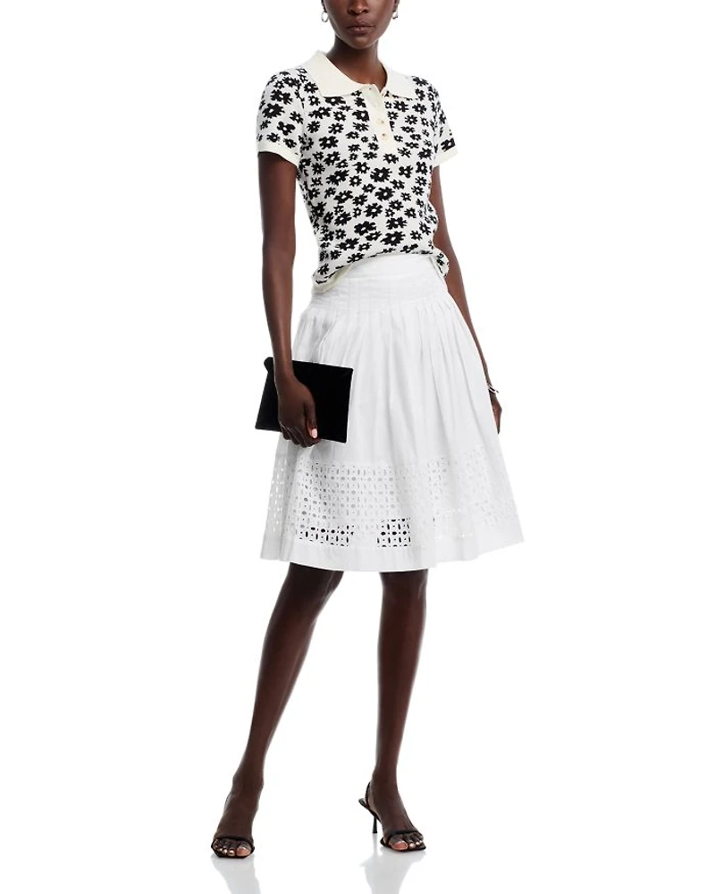 Pleated Eyelet Embroidered Skirt