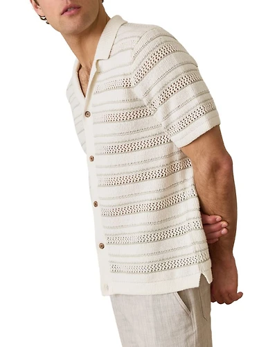 Open Knit Striped Short Sleeve Button Up