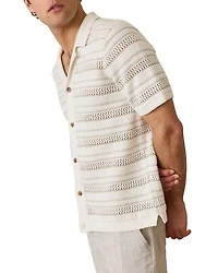 Open Knit Striped Short Sleeve Button Up