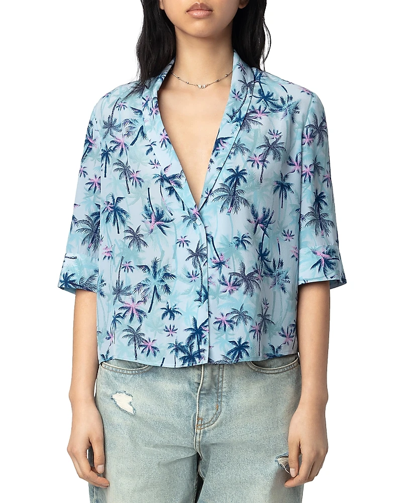 Zadig & Voltaire Telmos Sunset Palm Mist Print Silk Top
