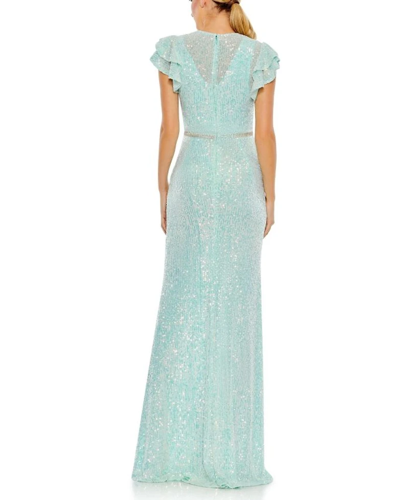 Sequined High Neck Flutter Sleeve Gown