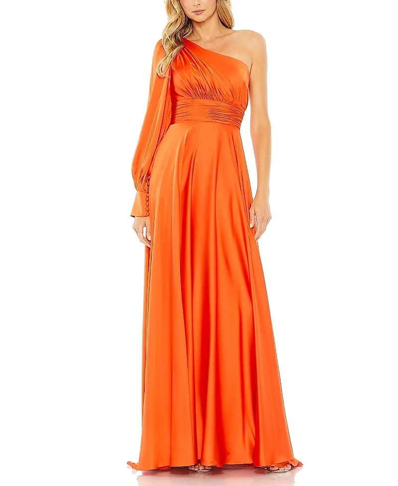 Mac Duggal One Shoulder Bishop Sleeve Flowy Gown