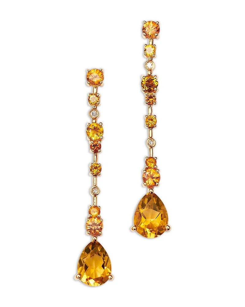 Citrine, Orange Sapphire & Diamond Linear Drop Earrings in 14K Yellow Gold