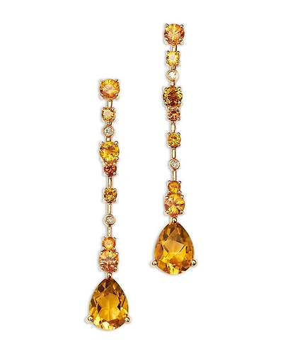 Citrine, Orange Sapphire & Diamond Linear Drop Earrings in 14K Yellow Gold