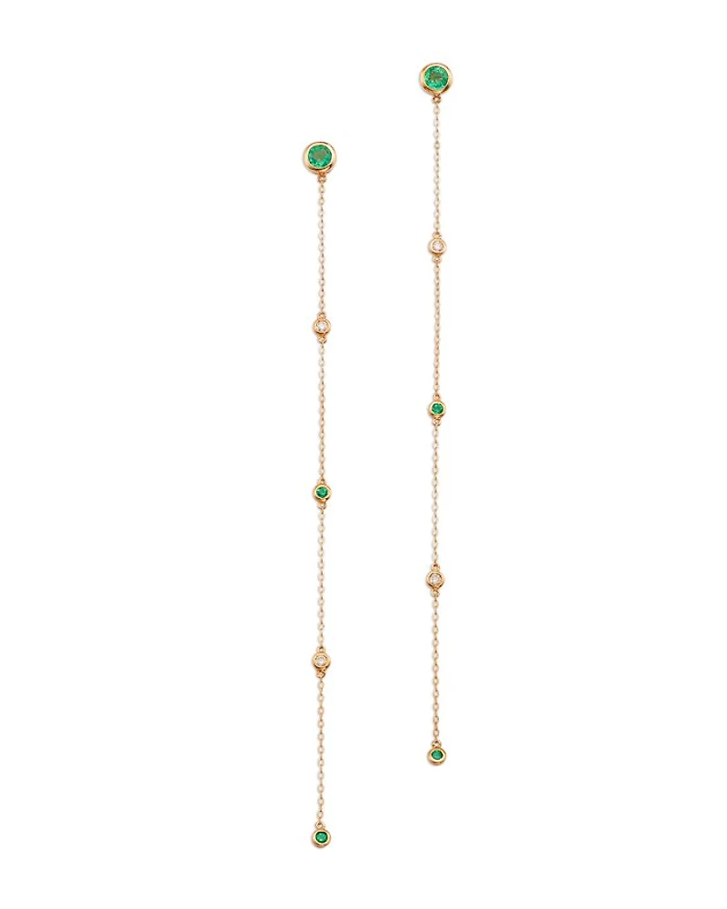 Emerald & Diamond Linear Drop Earrings in 14K Yellow Gold