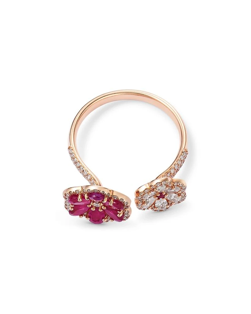 Ruby & Diamond Flower Cuff Ring in 14K Rose Gold