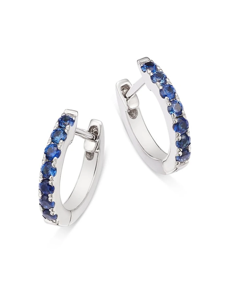 Blue Sapphire Huggie Hoop Earrings in 14K White Gold