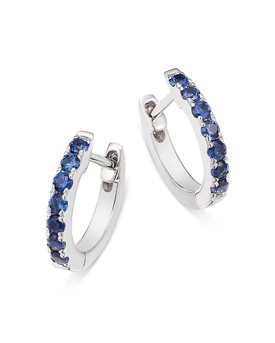 Blue Sapphire Huggie Hoop Earrings in 14K White Gold