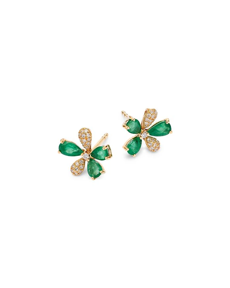 Emerald & Diamond Flower Stud Earrings in 14K Yellow Gold