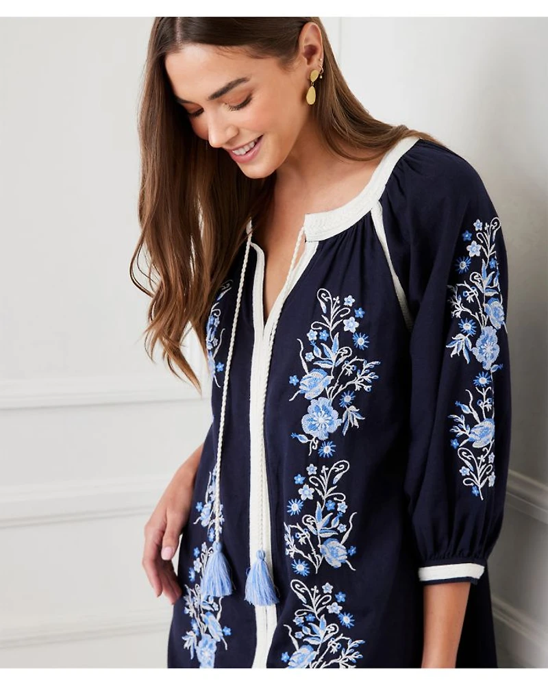 Embroidered Tassel Tie Peasant Dress