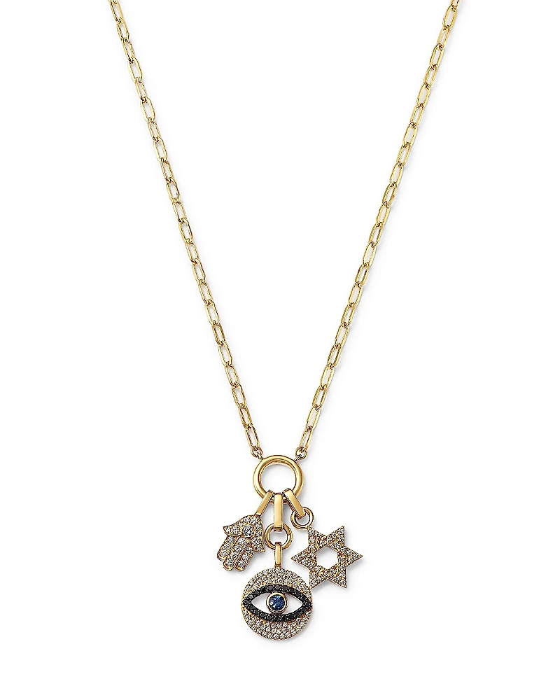 Bloomingdale's Fine Collection Blue Sapphire & Black & White Diamond Evil Eye, Hamsa, and Star of David Charm Necklace with a Paperclip Chain