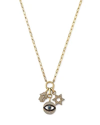 Bloomingdale's Fine Collection Blue Sapphire & Black & White Diamond Evil Eye, Hamsa, and Star of David Charm Necklace with a Paperclip Chain