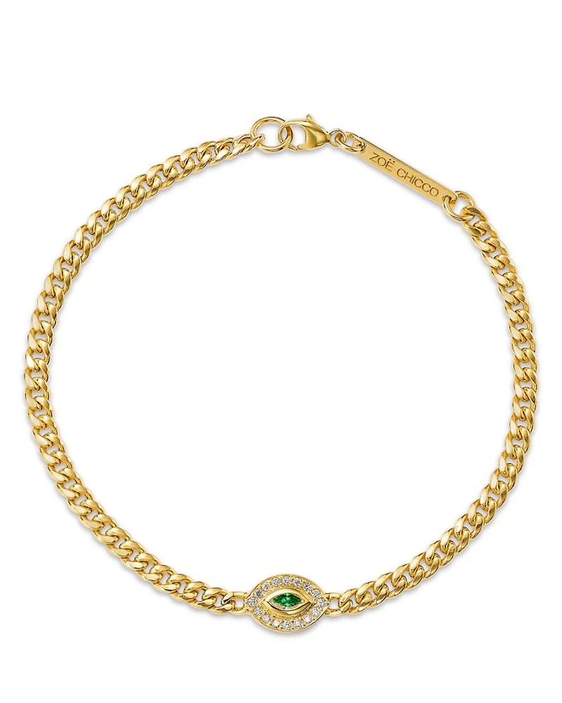 14K Yellow Gold Emerald Marquis & Diamond Evil Eye Link Bracelet