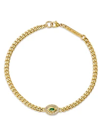14K Yellow Gold Emerald Marquis & Diamond Evil Eye Link Bracelet