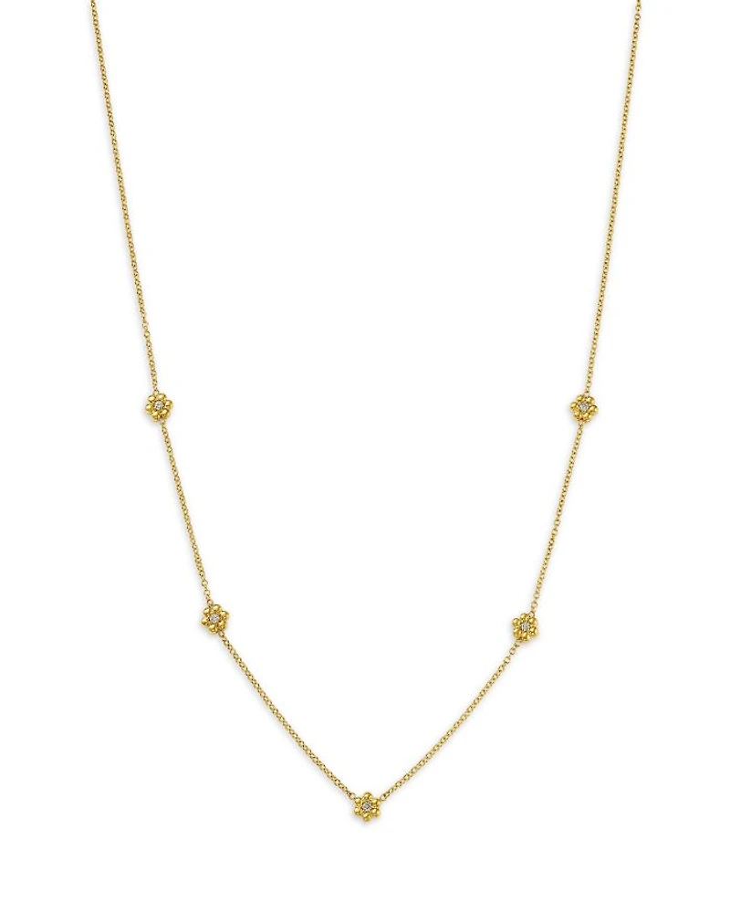 14K Yellow Gold Prong Diamonds Tiny Bead Flower Collar Necklace, 14-16"