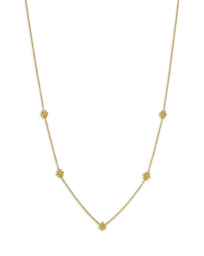 14K Yellow Gold Prong Diamonds Tiny Bead Flower Collar Necklace, 14-16"