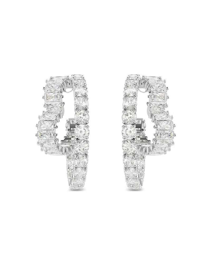 Matrix Crystal Round & Heart Double Row Hoop Earrings in Rhodium Plated
