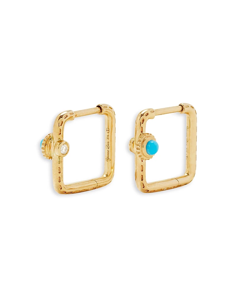 Yvonne Leon 9K Yellow Gold Paire de Creoles Mini Gousset Turquoise & Gray Diamond Square Hoop Earrings