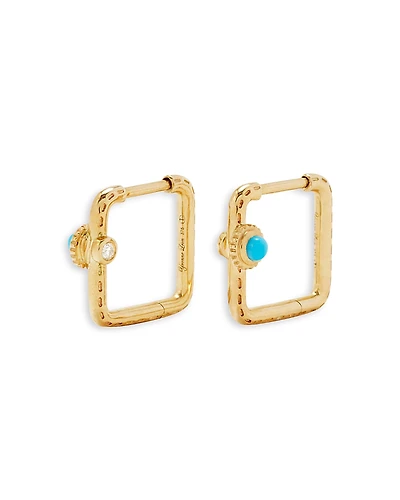 Yvonne Leon 9K Yellow Gold Paire de Creoles Mini Gousset Turquoise & Gray Diamond Square Hoop Earrings