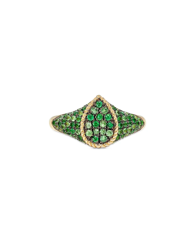 Yvonne Leon 9K Yellow Gold Tsavorite Pave Baby Chevaliere Poire Signet Ring
