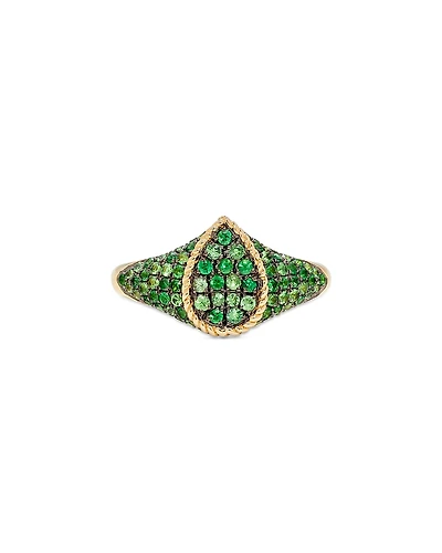 Yvonne Leon 9K Yellow Gold Tsavorite Pave Baby Chevaliere Poire Signet Ring