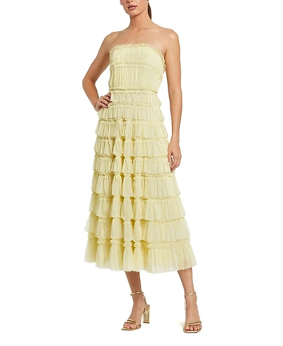 Mac Duggal Solid Mesh Dot Micro Ruffle Strapless Midi Dress