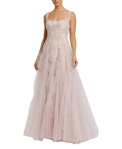 Mac Duggal Thin Strap Bustier Tulle Gown with Ruffle Skirt