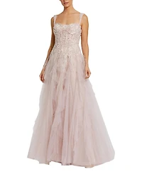 Mac Duggal Thin Strap Bustier Tulle Gown with Ruffle Skirt