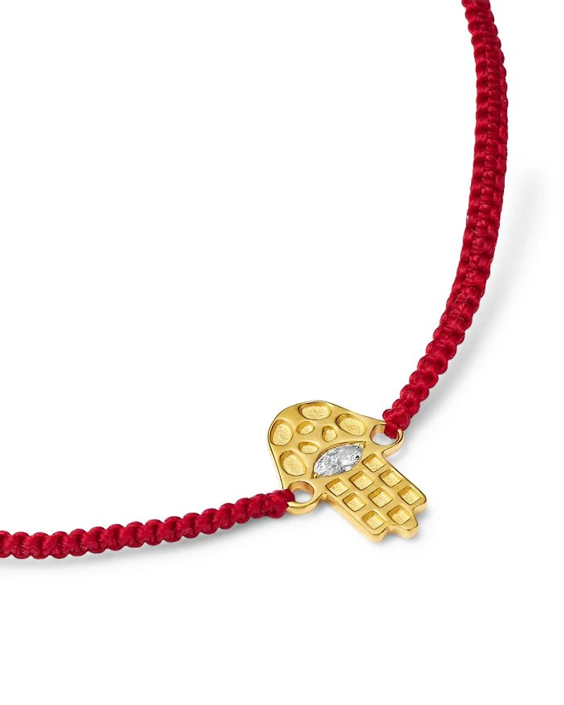 14K Yellow Gold Hilo Lab Grown Diamond Hamsa Hand Red String Slider Bracelet