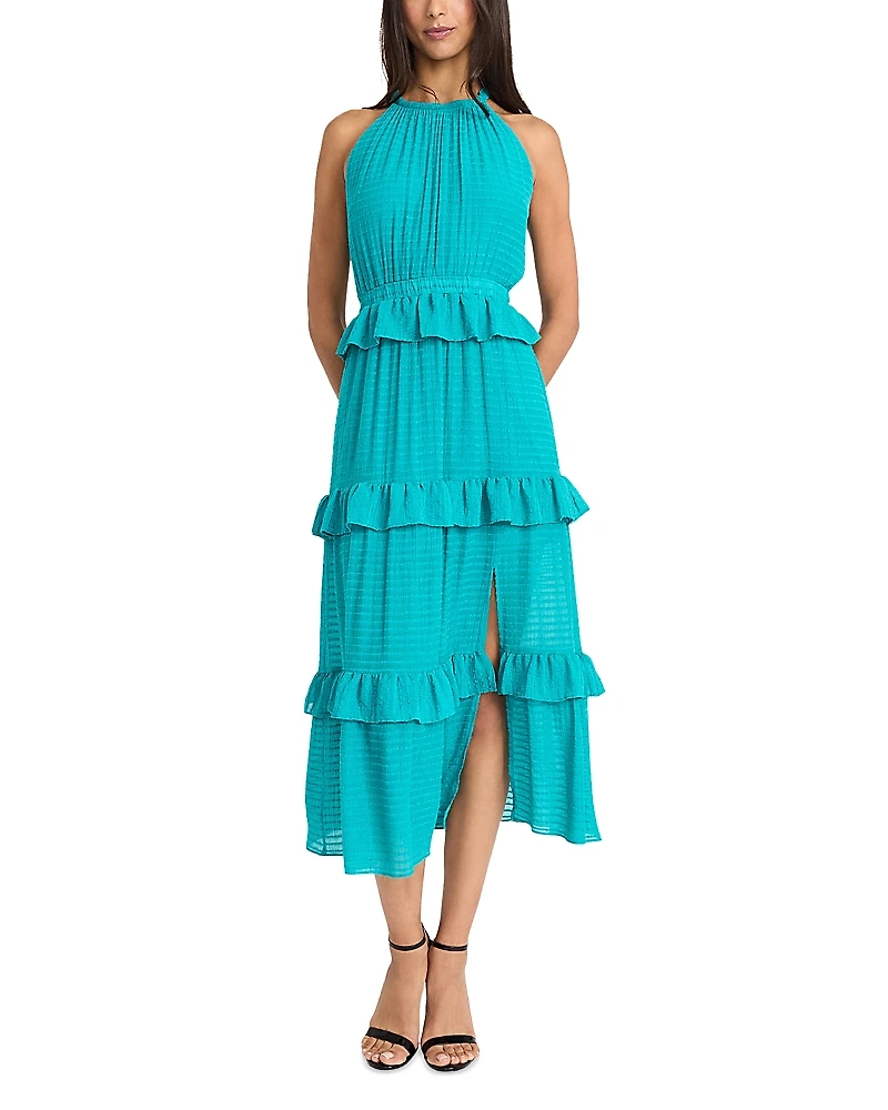 Donna Morgan Ruffle Tiered Halter Neck Midi Dress