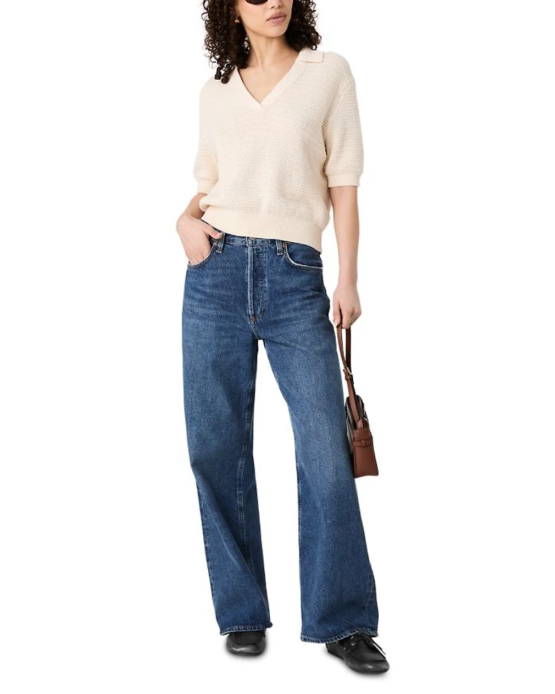 V Neck Collar Short Sleeve Sweater