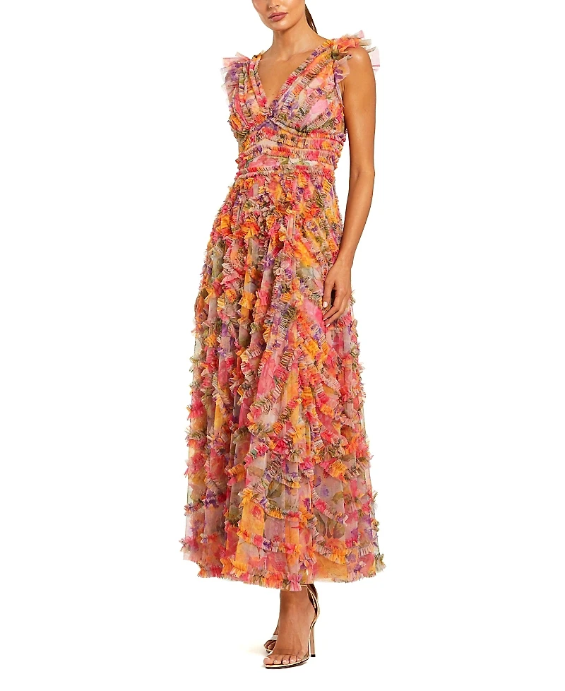 Mac Duggal Floral Mesh Ruffle V Neck Ankle Dress