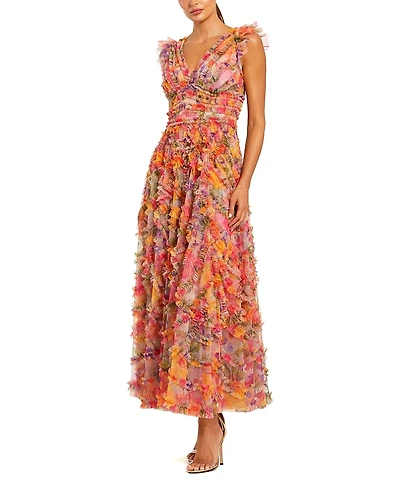 Mac Duggal Floral Mesh Ruffle V Neck Ankle Dress