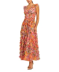 Mac Duggal Floral Mesh Ruffle V Neck Ankle Dress