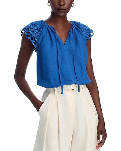 T Tahari Embroidered Puff Sleeve Split Neck Blouse