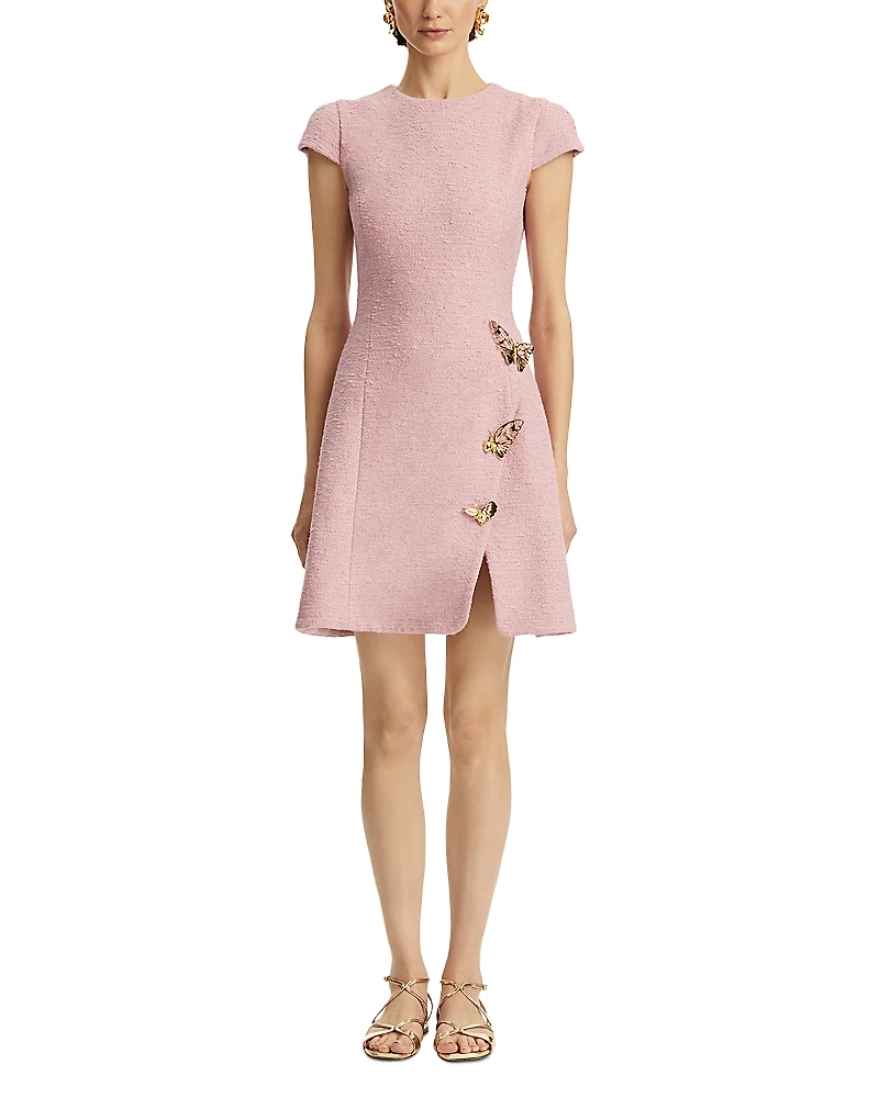 Oscar de la Renta Cap Sleeve Butterfly Detail Split Skirt Tweed Dress