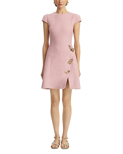 Oscar de la Renta Cap Sleeve Butterfly Detail Split Skirt Tweed Dress