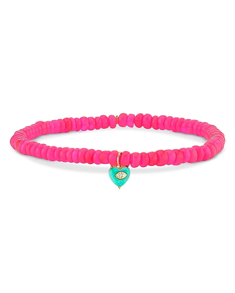 Sydney Evan 14K Yellow Gold Diamond & Turquoise Heart Charm Hot Pink Ethiopian Bead Stretch Bracelet