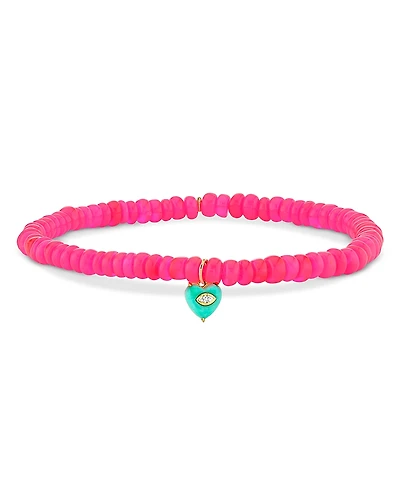 Sydney Evan 14K Yellow Gold Diamond & Turquoise Heart Charm Hot Pink Ethiopian Bead Stretch Bracelet