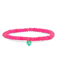 Sydney Evan 14K Yellow Gold Diamond & Turquoise Heart Charm Hot Pink Ethiopian Bead Stretch Bracelet