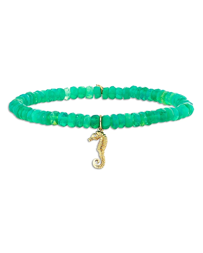 Sydney Evan 14K Yellow Gold Diamond Seahorse Charm Jungle Green Ethiopian Opal Beaded Stretch Bracelet