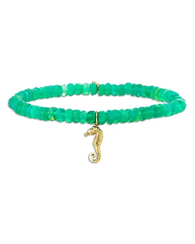 Sydney Evan 14K Yellow Gold Diamond Seahorse Charm Jungle Green Ethiopian Opal Beaded Stretch Bracelet