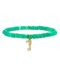 Sydney Evan 14K Yellow Gold Diamond Seahorse Charm Jungle Green Ethiopian Opal Beaded Stretch Bracelet