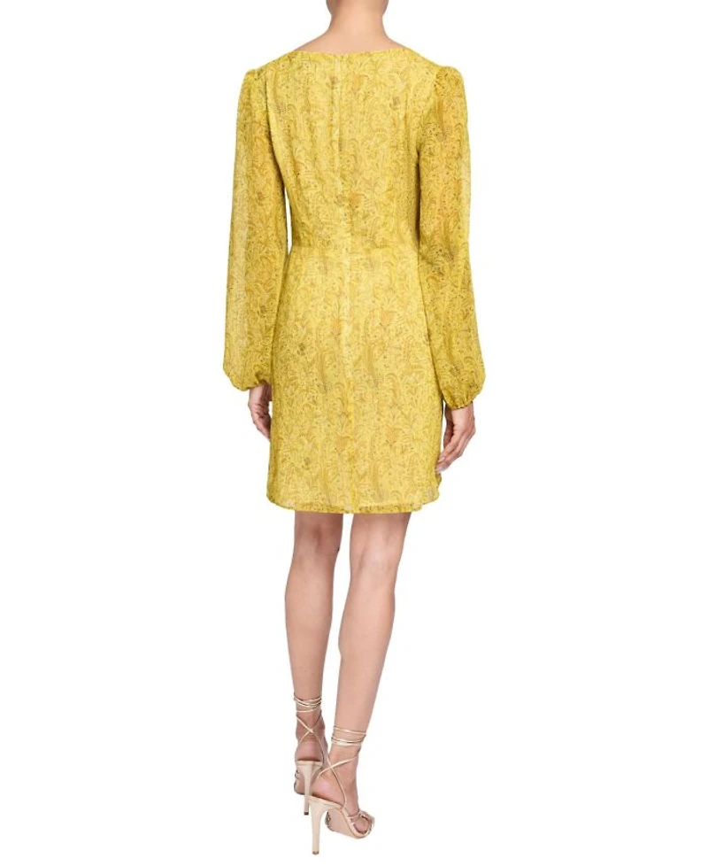 MALIA Long Sleeve Dress with Skirt Side Ruffle Printed Georgette
