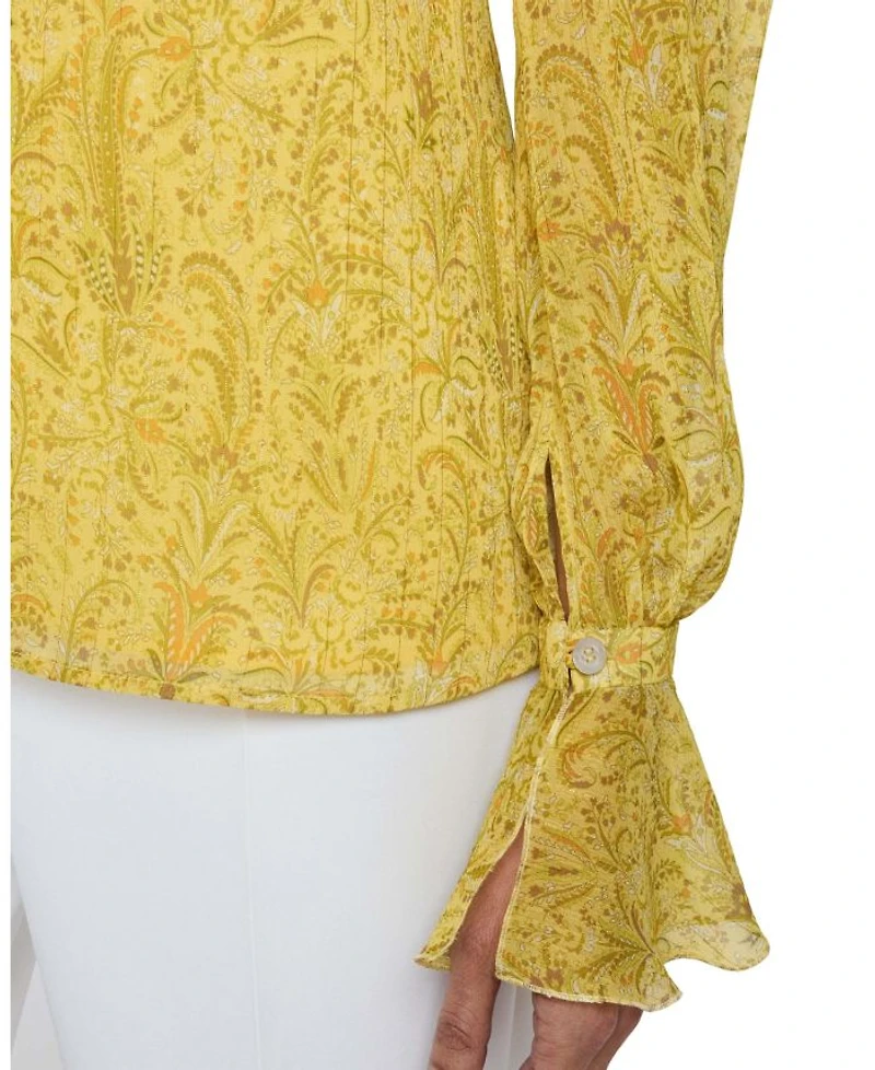 RUE Long Sleeve Blouse with Ruffled Cuffs Paisley Printed Crinkle Georgette