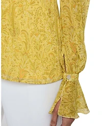 RUE Long Sleeve Blouse with Ruffled Cuffs Paisley Printed Crinkle Georgette