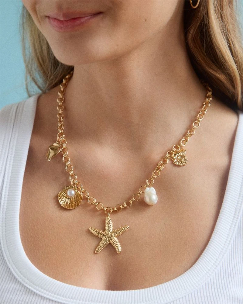 Mariam Cultured Keshi Pearl Sea Charm Statement Necklace, 18"-21"